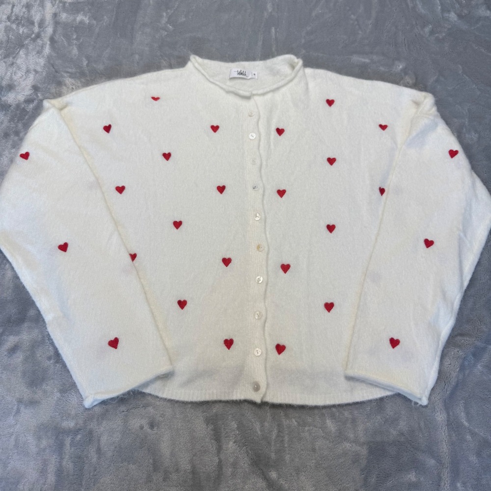 Talulah Cream Heart Embroidered Button Front Cardigan Sweater Small